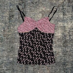 Pink and Black Floral and Polka Dot Women's Camisole Top with Sequin Detail